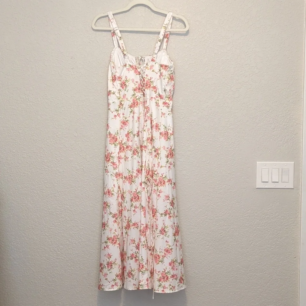 Parthea white pink floral sleeveless basque waist lace up thigh slit maxi dress - Picture 12 of 14